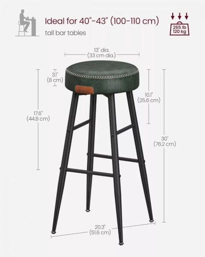 Vasagle ECHO Barové stoličky 2 ks, šitý poťah z umelej kože, zelená, výška 76 cm.