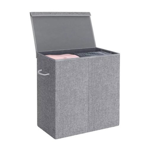SONGMICS Kôš na bielizeň s 2 priehradkami, magnetické veko 2x71L, sivý