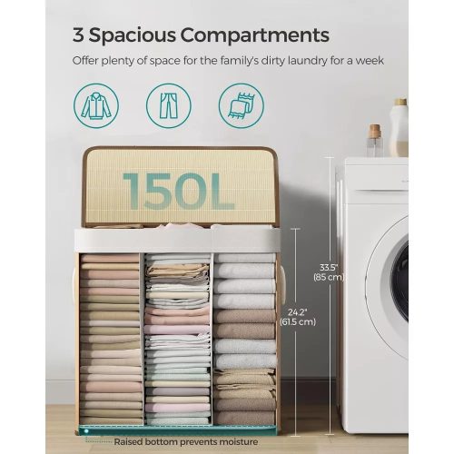 SONGMICS Bambusový kôš na bielizeň s 3 priehradkami 3x50L