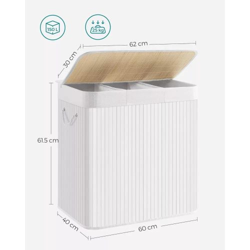 SONGMICS Bambusový kôš na bielizeň s 3 priehradkami 3x50L, biely