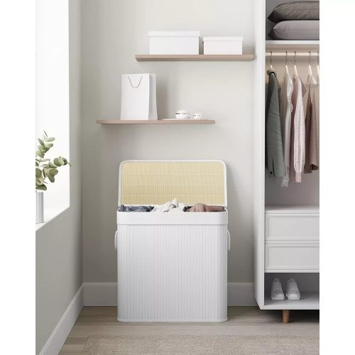 SONGMICS Bambusový kôš na bielizeň s 3 priehradkami 3x50L, biely