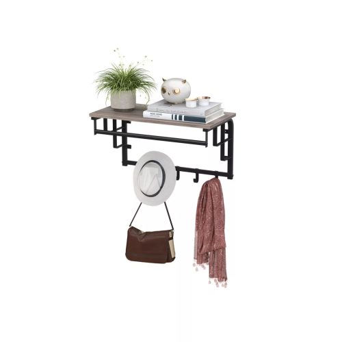 Nástenný vešiak na oblečenie s háčikmi a policou, sivý 66x30x27cm