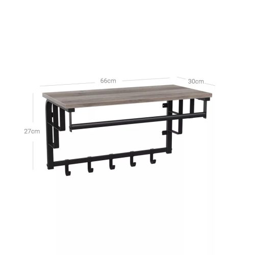 Nástenný vešiak na oblečenie s háčikmi a policou, sivý 66x30x27cm