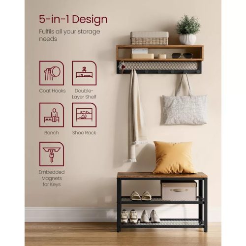 Lavica na topánky + nástenný vešiak na oblečenie, rustikálna hnedá