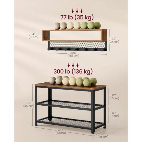 Lavica na topánky + nástenný vešiak na oblečenie, rustikálna hnedá