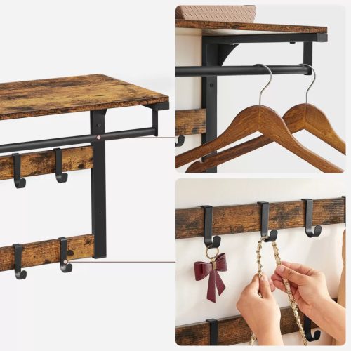 Nástenný vešiak na oblečenie s háčikmi a policou, rustikálny hnedý 65x30x42cm