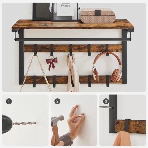 Nástenný vešiak na oblečenie s háčikmi a policou, rustikálny hnedý 65x30x42cm