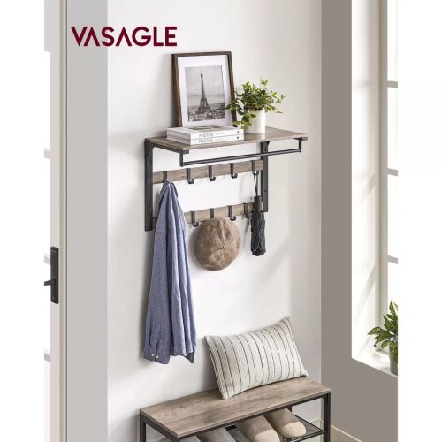 Nástenný vešiak na oblečenie s háčikmi a policou, sivý 65x30x42cm