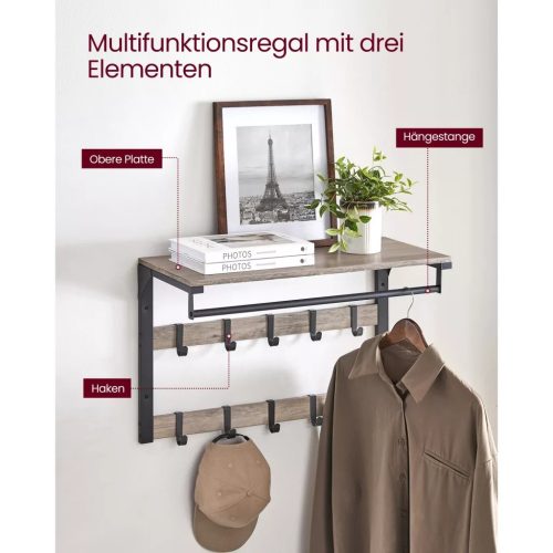 Nástenný vešiak na oblečenie s háčikmi a policou, sivý 65x30x42cm