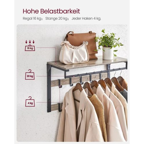 Nástenný vešiak na oblečenie s háčikmi a policou, sivý 65x30x42cm