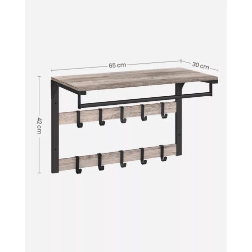 Nástenný vešiak na oblečenie s háčikmi a policou, sivý 65x30x42cm