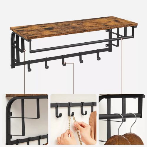 Nástenný vešiak na oblečenie s háčikmi a policou, čierny 80x30x27cm