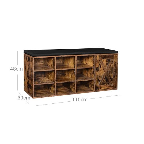 Lavica na topánky s 9 priehradkami a skrinkou, rustikálna hnedá 110x30x48cm
