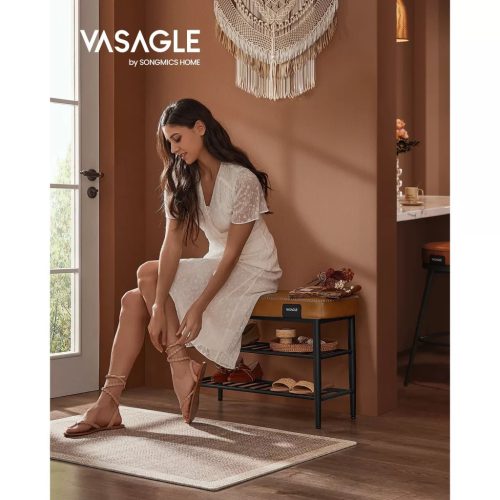 Lavica na topánky ECHO, 2-poschodová, poťah z umelej kože, hnedá, 30x80x50cm