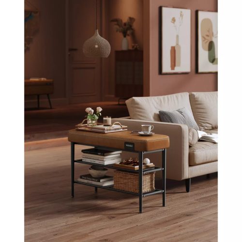 Lavica na topánky ECHO, 2-poschodová, poťah z umelej kože, hnedá, 30x80x50cm