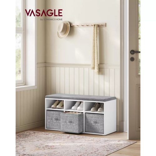 Lavica na topánky, 6 priehradiek, organizér na topánky, 3 látkové úložné boxy, oblačne biela, holubie sivá