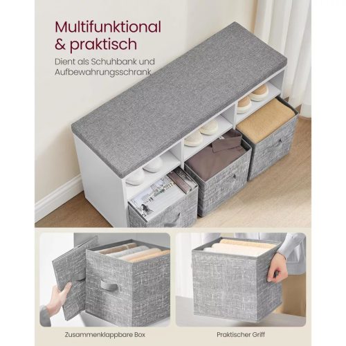 Lavica na topánky, 6 priehradiek, organizér na topánky, 3 látkové úložné boxy, oblačne biela, holubie sivá