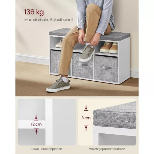 Lavica na topánky, 6 priehradiek, organizér na topánky, 3 látkové úložné boxy, oblačne biela, holubie sivá