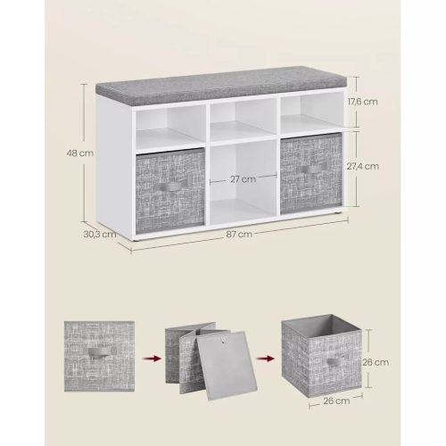 Lavica na topánky, 6 priehradiek, organizér na topánky, 3 látkové úložné boxy, oblačne biela, holubie sivá