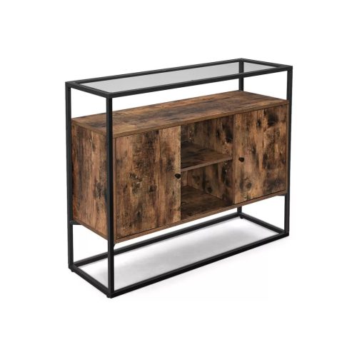 Komoda s doskou z tvrdeného skla, otvorenými policami a dvoma dvierkami, rustikálna hnedá 100x35x80cm