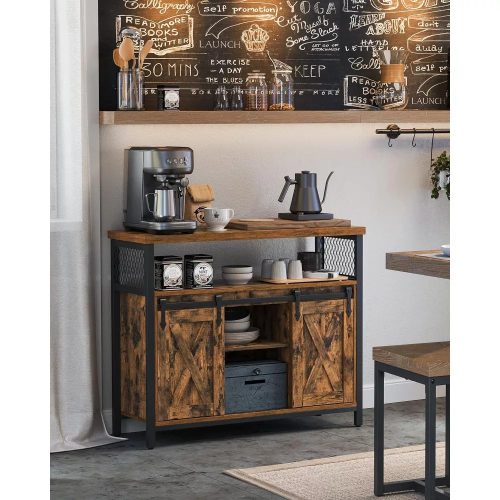 Vasagle Komoda s posuvnými dverami a otvorenými policami, rustikálna hnedá.