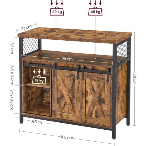 Vasagle Komoda s posuvnými dverami a otvorenými policami, rustikálna hnedá.