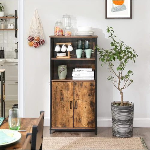 Vasagle Úložná skrinka s dvomi dvierkami a otvorenými policami, rustikálna hnedá.