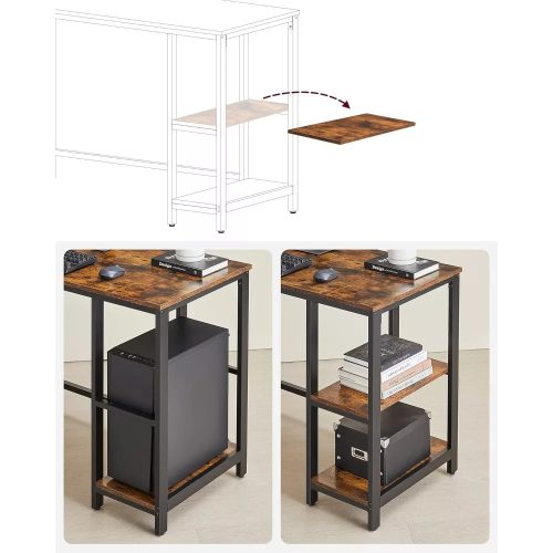 Rohový stôl Vasagle LWD72X, kancelársky stôl s policami, rustikálna hnedá.