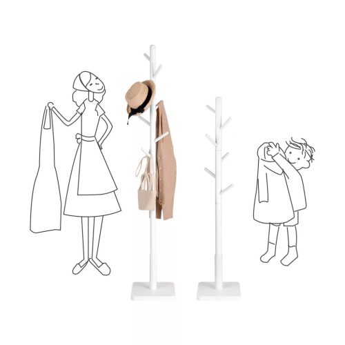 Stojaci drevený vešiak na oblečenie s 8 háčikmi, štvorcová základňa, biely