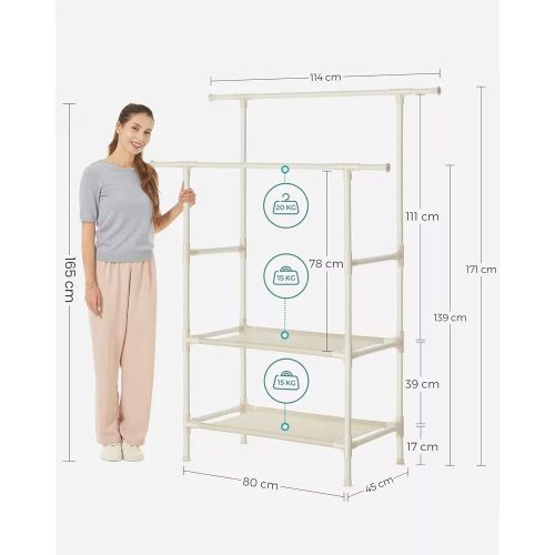 Songmics Stojan na šaty s dvoma vešiakmi a dvoma policami, biely